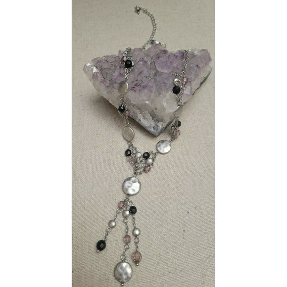 Lavender Charm Crystal Necklace Hammered Look Silver Tone Beads Lia Sophia - Picture 1 of 8